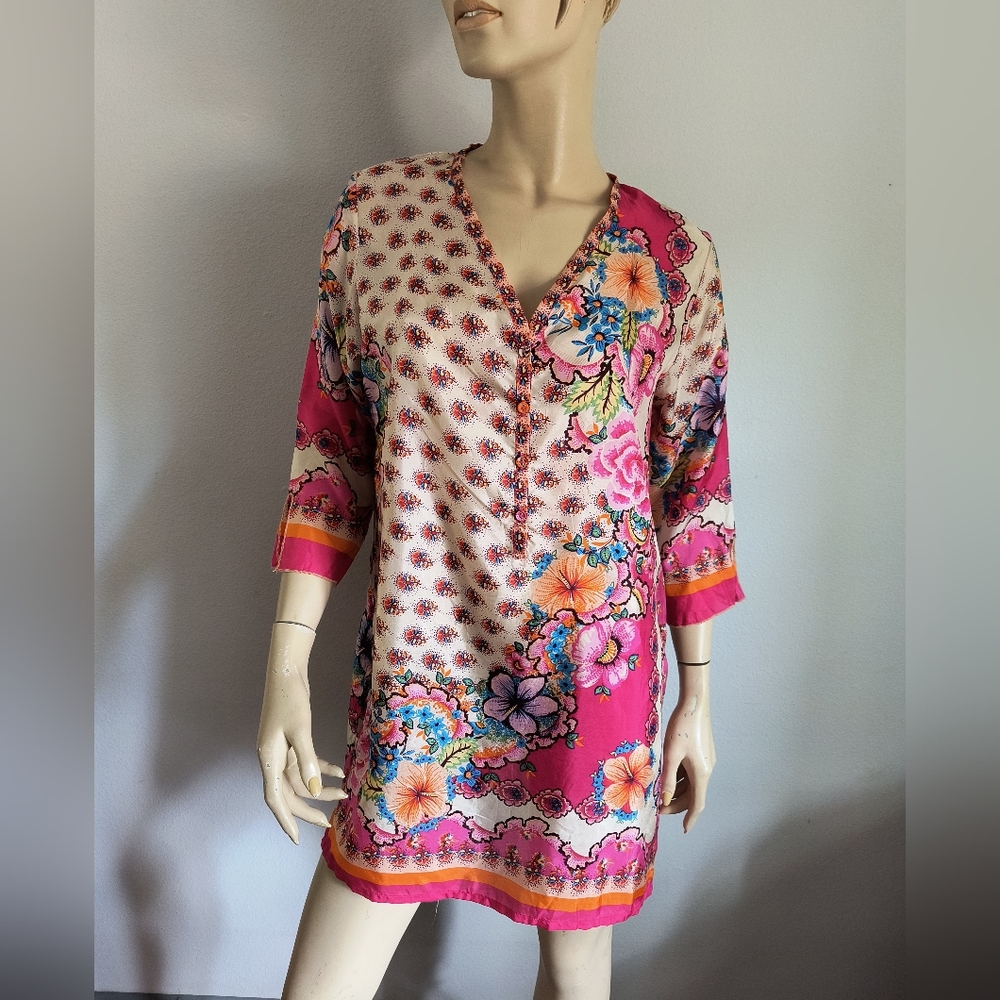 Johnny Was Floral Silk Tunic Top Patchwork Small